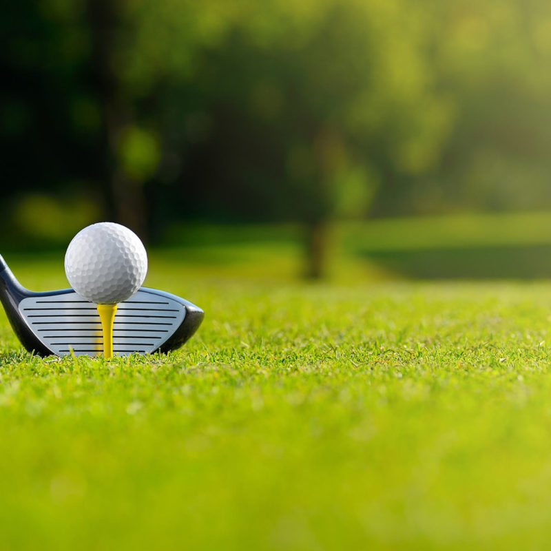 Golf club and ball on the field at charity golf event